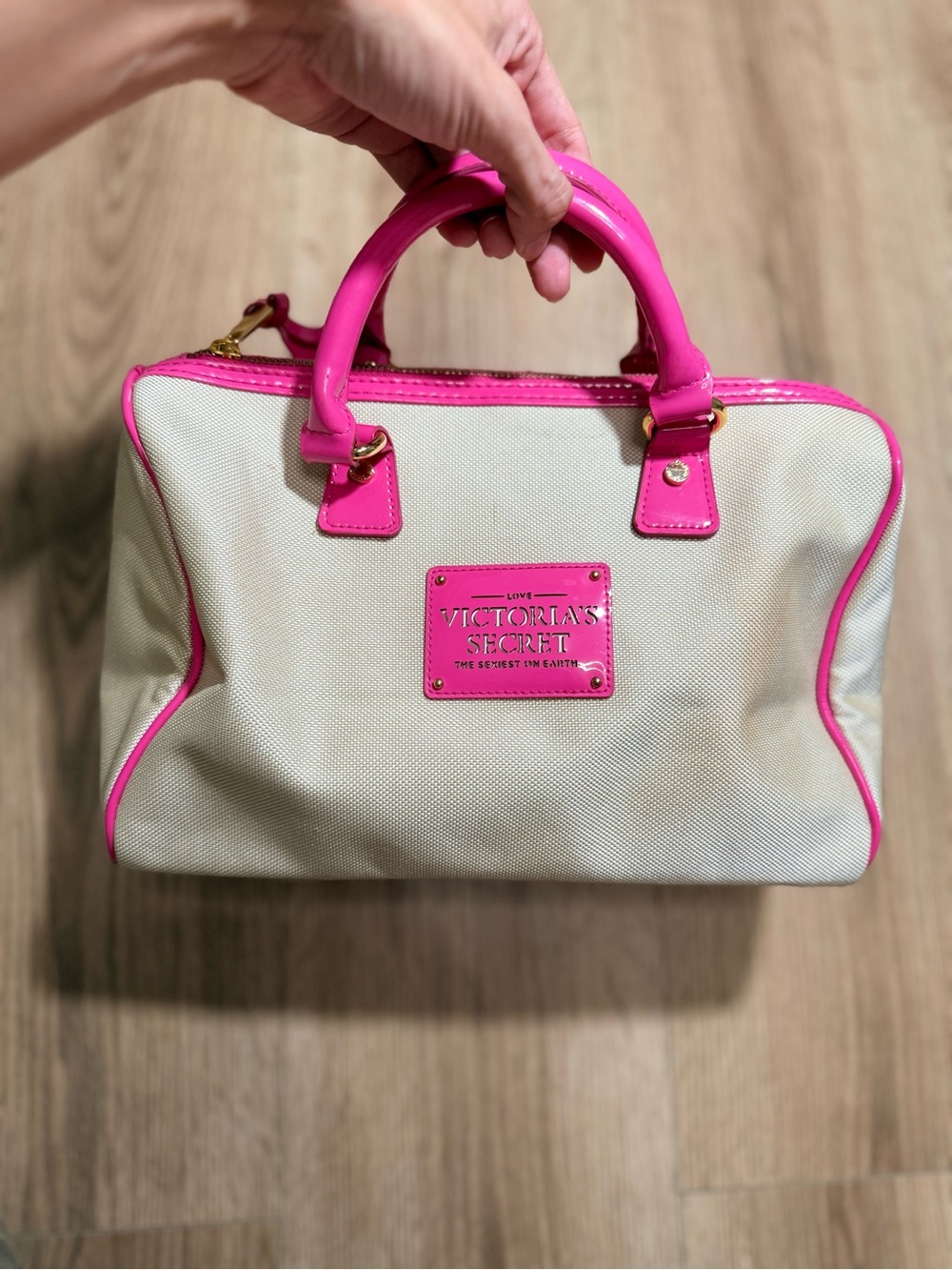 Victorias Secret Beige Canvas Satchel Bag Hot Pink Patent Trim Gold Hardware